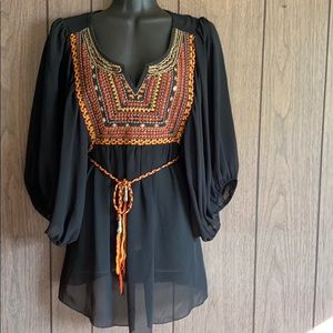 Sheer embroidered peasant style blouse